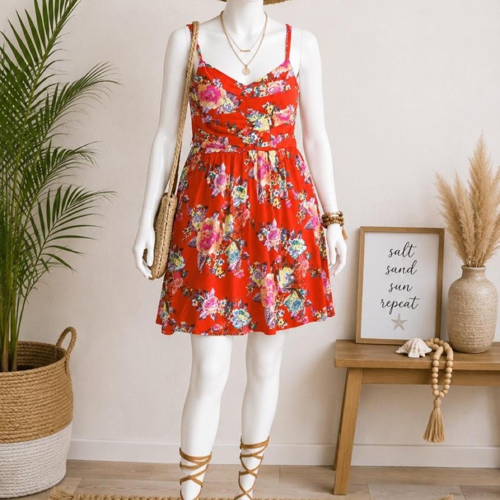 Roxy Red Floral Fit & Flare Dress Women's M
